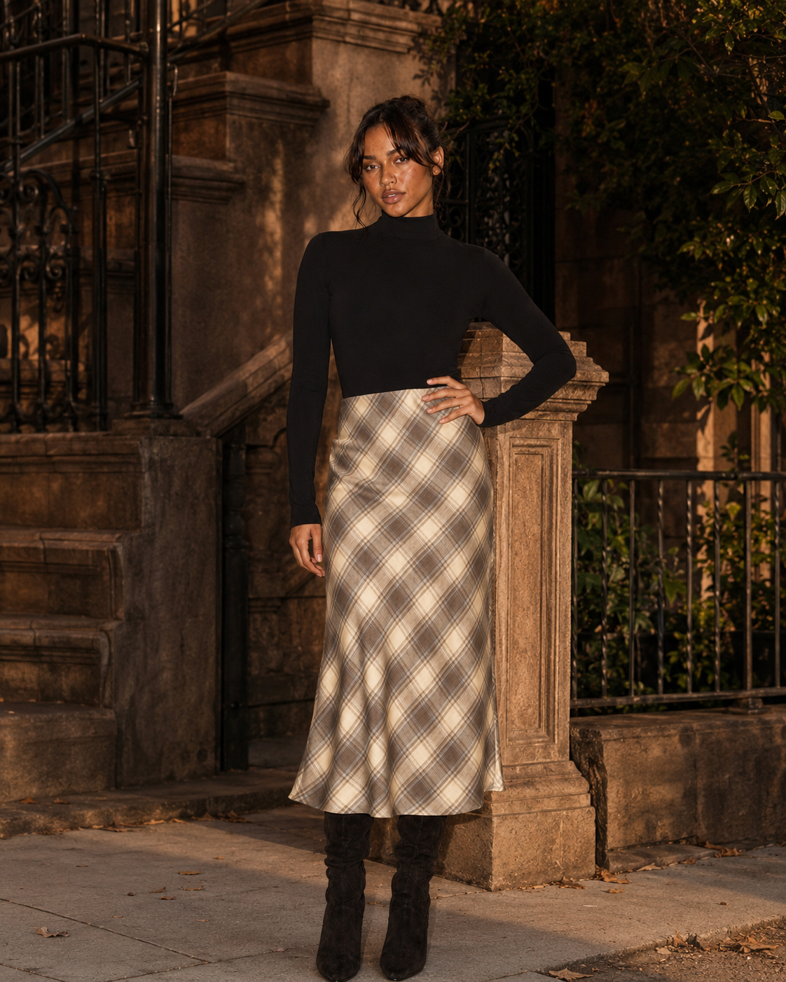 Plaid Printed Stretch Maxi Skirt