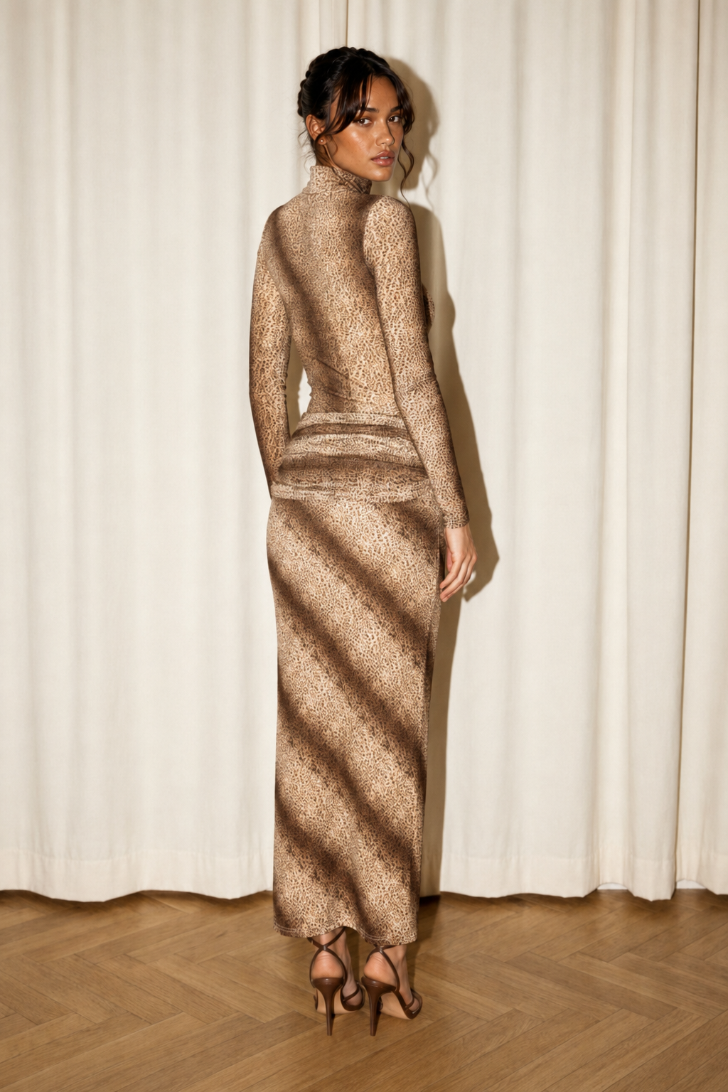 Animal Print Mock Neck Bodysuit & Maxi Skirt Set